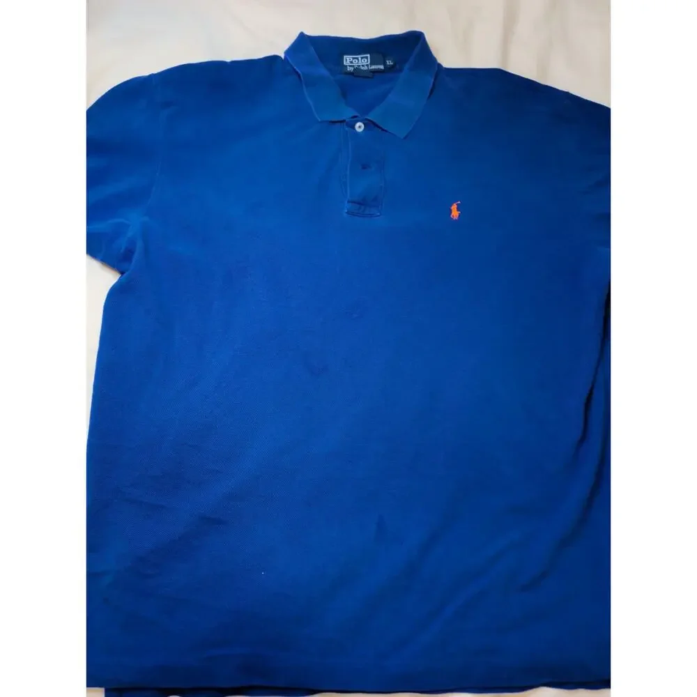 Vintage Polo Ralph Lauren Blue Pique Polo Shirt Red Pony Embroidered Mens XL